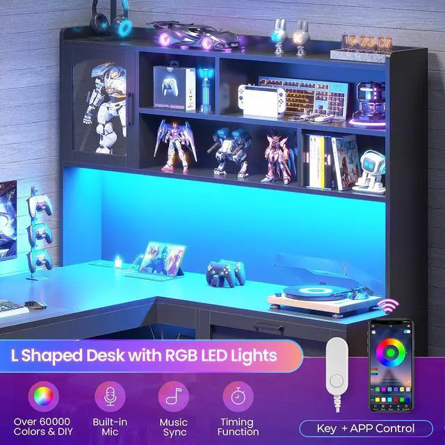 Alt view image 5 of 7 - Farmhouse L Shaped Gaming Desk, 61 Corner Computer Desk with Storage Drawers and Power Outlet, Corner Gaming Desk with LED Light and Bookshelf Shelves for Home Office, Black