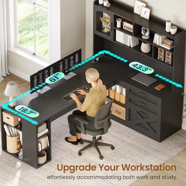 Alt view image 7 of 7 - Farmhouse L Shaped Gaming Desk, 61 Corner Computer Desk with Storage Drawers and Power Outlet, Corner Gaming Desk with LED Light and Bookshelf Shelves for Home Office, Black