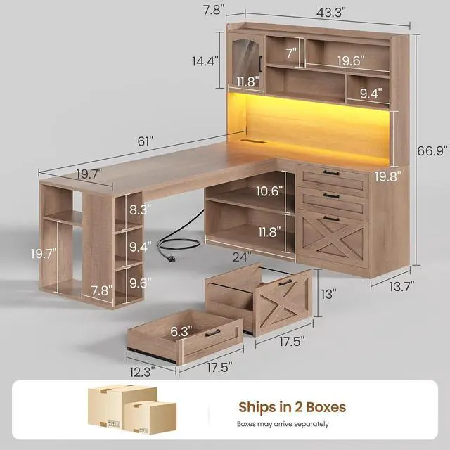 Alt view image 2 of 7 - Farmhouse L Shaped Office Desk with Drawers, 61 Computer Desk with Storage Shelves and Power Outlet, Corner Gaming Desk with LED Light and Display Cabinet for Home Office, Light Brown