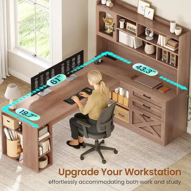 Alt view image 5 of 7 - Farmhouse L Shaped Office Desk with Drawers, 61 Computer Desk with Storage Shelves and Power Outlet, Corner Gaming Desk with LED Light and Display Cabinet for Home Office, Light Brown