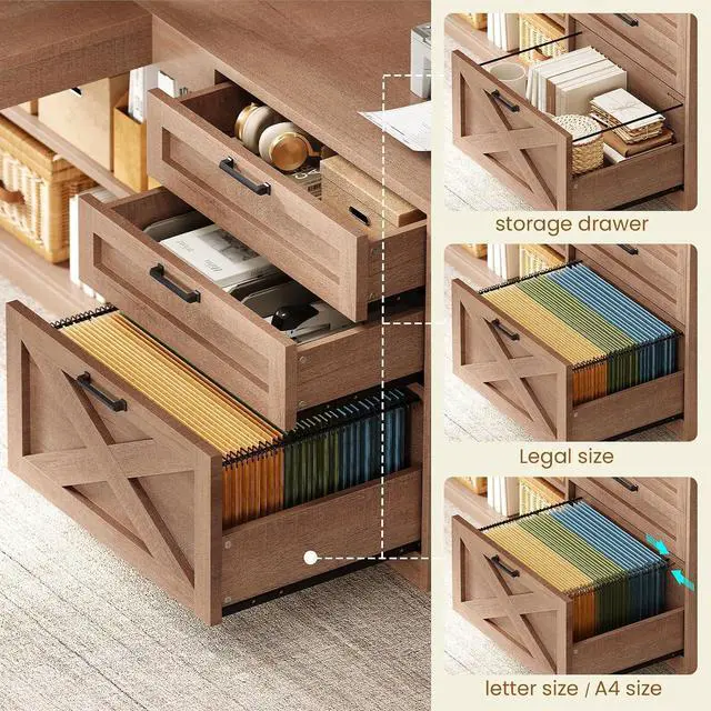 Alt view image 3 of 7 - Farmhouse L Shaped Office Desk with Drawers, 61 Computer Desk with Storage Shelves and Power Outlet, Corner Gaming Desk with LED Light and Display Cabinet for Home Office, Light Brown