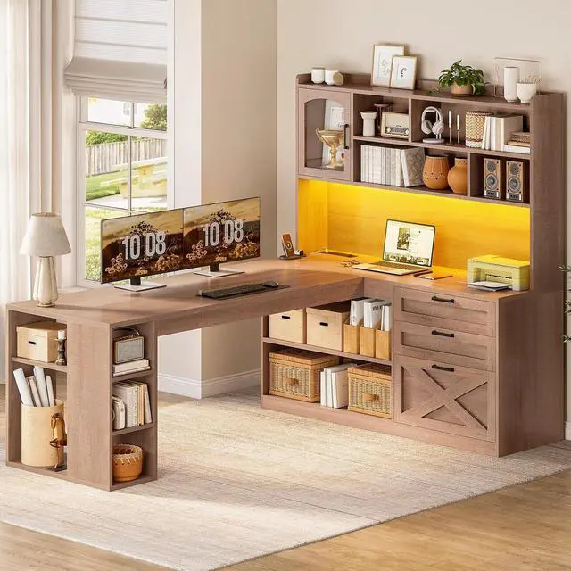 Main image of Farmhouse L Shaped Office Desk with Drawers, 61 Computer Desk with Storage Shelves and Power Outlet, Corner Gaming Desk with LED Light and Display Cabinet for Home Office, Light Brown