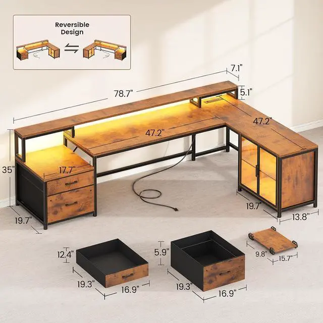 Alt view image 2 of 7 - 78.7 Large L Shaped Desk with Storage Drawers, Office Desk with File Drawer and Display Cabinet, L Shaped Gaming Desk with Storage, Power Outlet and LED Lights for Home Office, Rustic Brown
