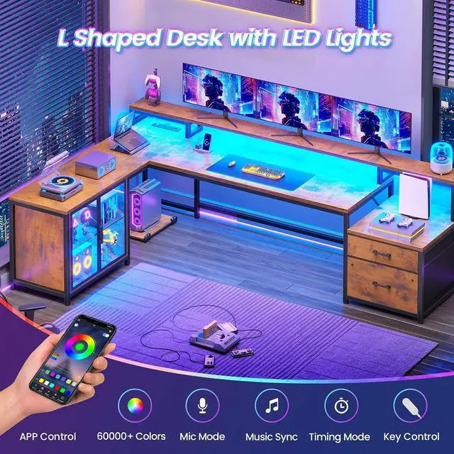 Alt view image 3 of 7 - 78.7 Large L Shaped Desk with Storage Drawers, Office Desk with File Drawer and Display Cabinet, L Shaped Gaming Desk with Storage, Power Outlet and LED Lights for Home Office, Rustic Brown