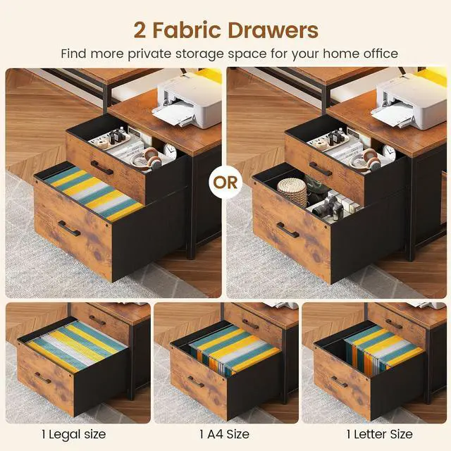 Alt view image 5 of 7 - 78.7 Large L Shaped Desk with Storage Drawers, Office Desk with File Drawer and Display Cabinet, L Shaped Gaming Desk with Storage, Power Outlet and LED Lights for Home Office, Rustic Brown
