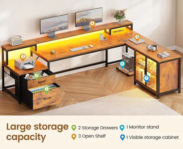 Alt view image 7 of 7 - 78.7 Large L Shaped Desk with Storage Drawers, Office Desk with File Drawer and Display Cabinet, L Shaped Gaming Desk with Storage, Power Outlet and LED Lights for Home Office, Rustic Brown