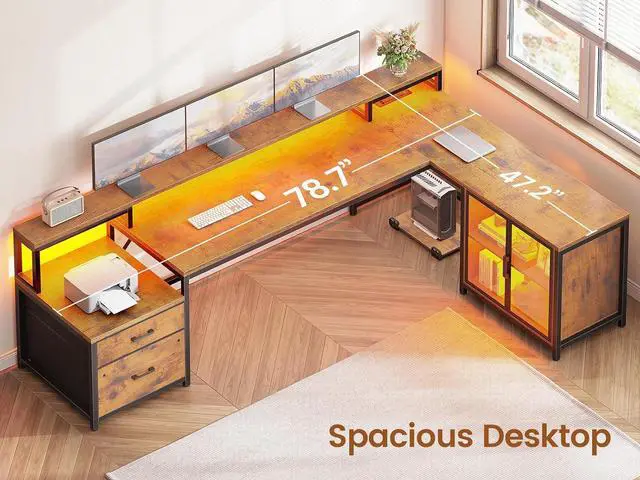 Alt view image 6 of 7 - 78.7 Large L Shaped Desk with Storage Drawers, Office Desk with File Drawer and Display Cabinet, L Shaped Gaming Desk with Storage, Power Outlet and LED Lights for Home Office, Rustic Brown