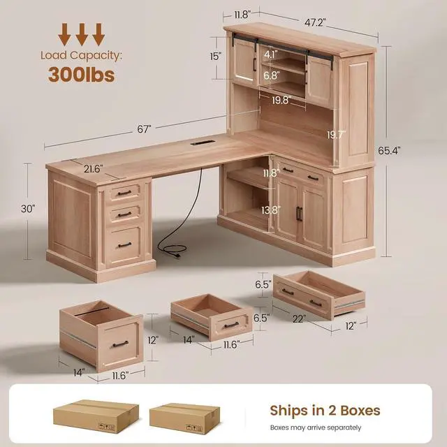 Alt view image 2 of 7 - 67" Farmhouse Desk with Hutch, L Shaped Office Desk with 4 Drawers & Storage Cabinet, Executive Corner Computer Desk with Sliding Doors, File Drawer & Power Outlet for Home Office, Oak