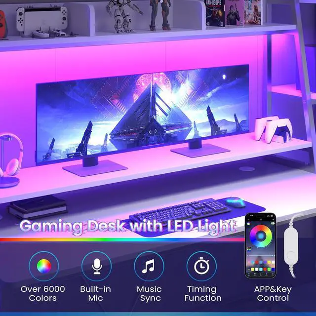 Alt view image 6 of 7 - White Gaming Desk 78.8'' with LED Lights, Hutch and Storage Shelves, Computer Desk with Monitor Stand, Large PC Gamer Desk Workstation, Ergonomic Gaming Table for Bedroom, Living Room