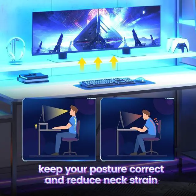 Alt view image 7 of 7 - White Gaming Desk 78.8'' with LED Lights, Hutch and Storage Shelves, Computer Desk with Monitor Stand, Large PC Gamer Desk Workstation, Ergonomic Gaming Table for Bedroom, Living Room
