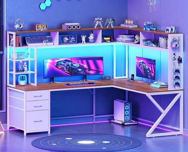 Main image of L Shaped Gaming Desk with Storage Drawers and Hutch, Convertible 94.5" Computer Desk with Drawers, Corner Computer Desk with Power Outlet, LED Lights, Pegboard for Home Office, White and Brown