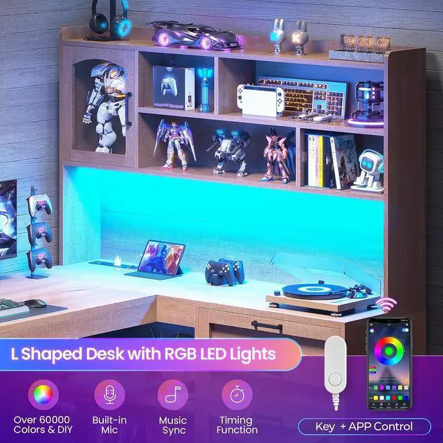 Alt view image 7 of 7 - Farmhouse L Shaped Office Desk with Drawers, 61 Computer Desk with Storage Shelves and Power Outlet, Corner Gaming Desk with LED Light and Display Cabinet for Home Office, Light Brown