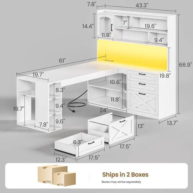 Alt view image 2 of 7 - Farmhouse L Shaped Office Desk with Drawers, 61 Computer Desk with Storage Shelves and Power Outlet, Corner Gaming Desk with LED Light and Display Cabinet for Home Office (White)