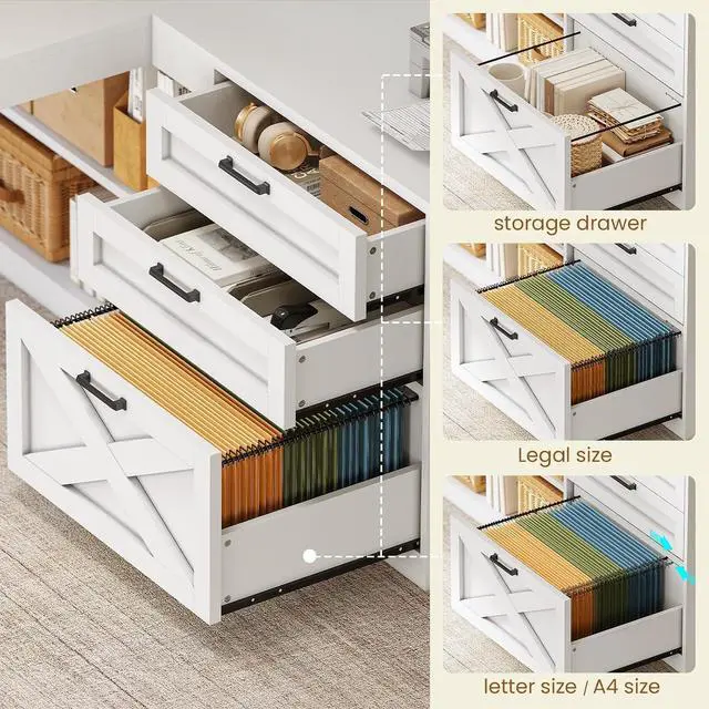 Alt view image 3 of 7 - Farmhouse L Shaped Office Desk with Drawers, 61 Computer Desk with Storage Shelves and Power Outlet, Corner Gaming Desk with LED Light and Display Cabinet for Home Office (White)