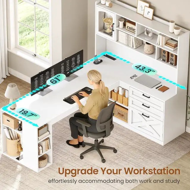 Alt view image 5 of 7 - Farmhouse L Shaped Office Desk with Drawers, 61 Computer Desk with Storage Shelves and Power Outlet, Corner Gaming Desk with LED Light and Display Cabinet for Home Office (White)