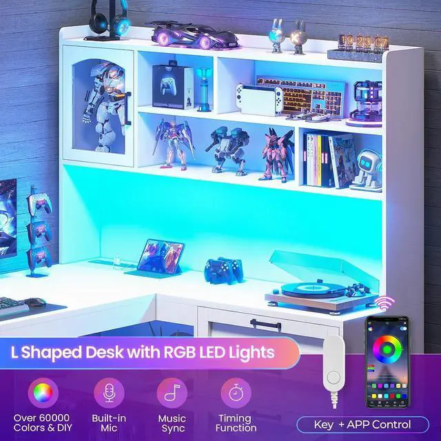 Alt view image 7 of 7 - Farmhouse L Shaped Office Desk with Drawers, 61 Computer Desk with Storage Shelves and Power Outlet, Corner Gaming Desk with LED Light and Display Cabinet for Home Office (White)