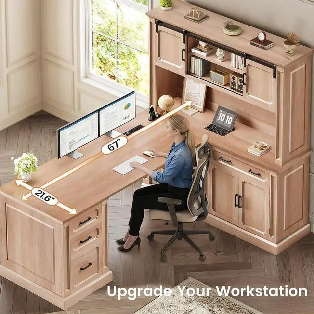 Alt view image 5 of 7 - 67" Farmhouse Desk with Hutch, L Shaped Office Desk with 4 Drawers & Storage Cabinet, Executive Corner Computer Desk with Sliding Doors, File Drawer & Power Outlet for Home Office, Oak