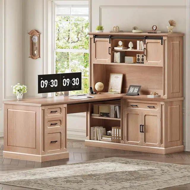 Alt view image 7 of 7 - 67" Farmhouse Desk with Hutch, L Shaped Office Desk with 4 Drawers & Storage Cabinet, Executive Corner Computer Desk with Sliding Doors, File Drawer & Power Outlet for Home Office, Oak