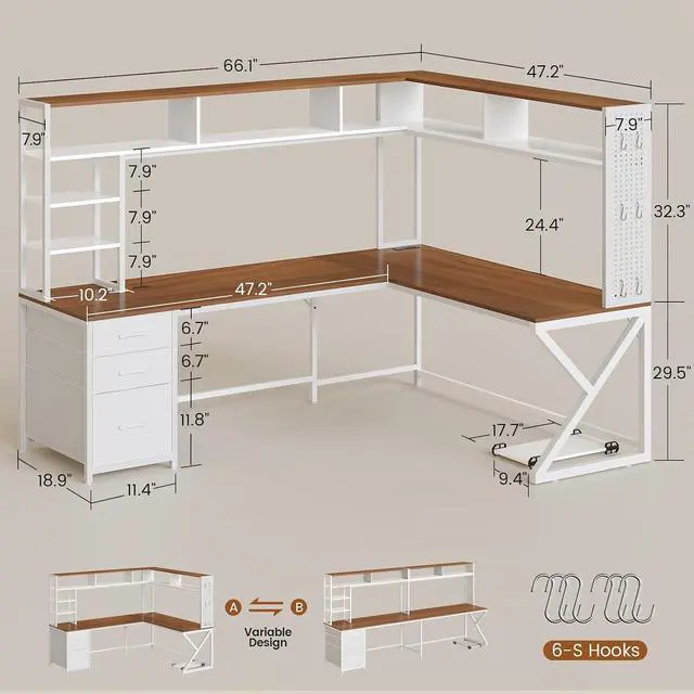 Alt view image 2 of 7 - L Shaped Gaming Desk with Storage Drawers and Hutch, Convertible 94.5" Computer Desk with Drawers, Corner Computer Desk with Power Outlet, LED Lights, Pegboard for Home Office, White and Brown