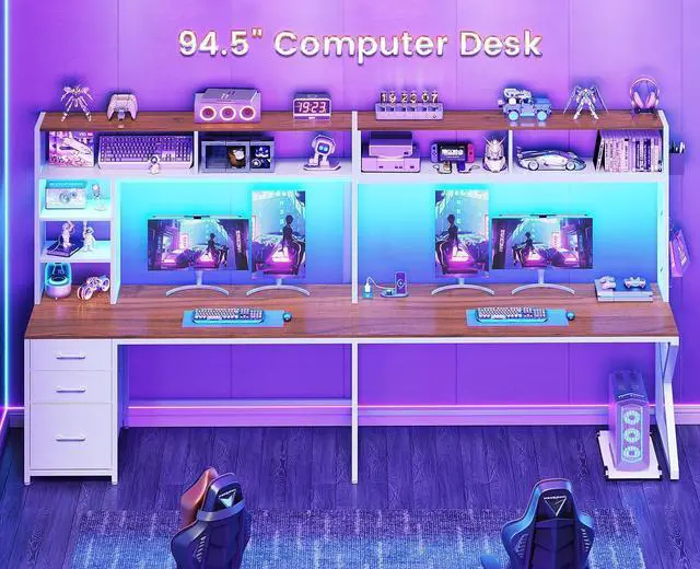 Alt view image 3 of 7 - L Shaped Gaming Desk with Storage Drawers and Hutch, Convertible 94.5" Computer Desk with Drawers, Corner Computer Desk with Power Outlet, LED Lights, Pegboard for Home Office, White and Brown