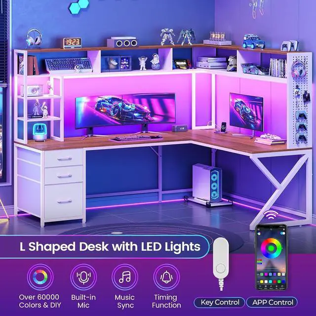 Alt view image 4 of 7 - L Shaped Gaming Desk with Storage Drawers and Hutch, Convertible 94.5" Computer Desk with Drawers, Corner Computer Desk with Power Outlet, LED Lights, Pegboard for Home Office, White and Brown