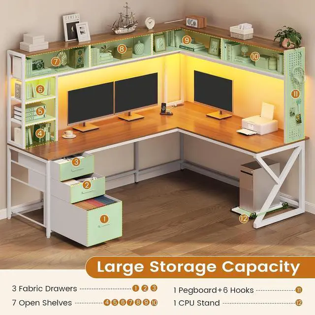 Alt view image 5 of 7 - L Shaped Gaming Desk with Storage Drawers and Hutch, Convertible 94.5" Computer Desk with Drawers, Corner Computer Desk with Power Outlet, LED Lights, Pegboard for Home Office, White and Brown