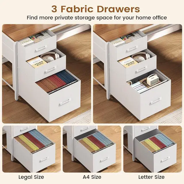 Alt view image 6 of 7 - L Shaped Gaming Desk with Storage Drawers and Hutch, Convertible 94.5" Computer Desk with Drawers, Corner Computer Desk with Power Outlet, LED Lights, Pegboard for Home Office, White and Brown
