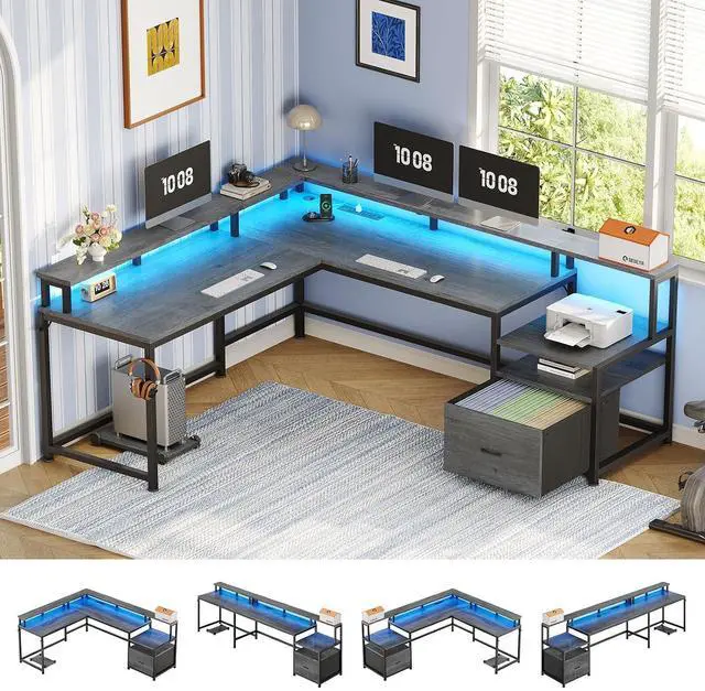 Main image of L Shaped Desk, 66" Home Office Desk with File Drawer & Power Outlet, Gaming Desk with Led Lights, Corner Computer Desk with Monitor Shelf, Printer Storage Shelves, Two Person Desk, Grey