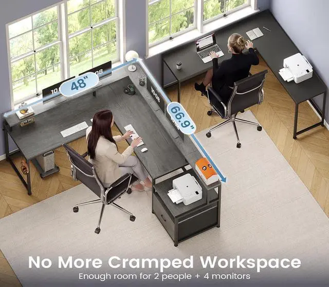 Alt view image 5 of 7 - L Shaped Desk, 66" Home Office Desk with File Drawer & Power Outlet, Gaming Desk with Led Lights, Corner Computer Desk with Monitor Shelf, Printer Storage Shelves, Two Person Desk, Grey