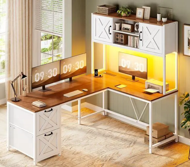 Main image of Farmhouse L Shaped Desk with Hutch, Reversible 86.6" Computer Desk with Drawers and Power Outlet for Home Office/Two Person, Corner Desk with LED Light and Storage Shelves, White and Brown