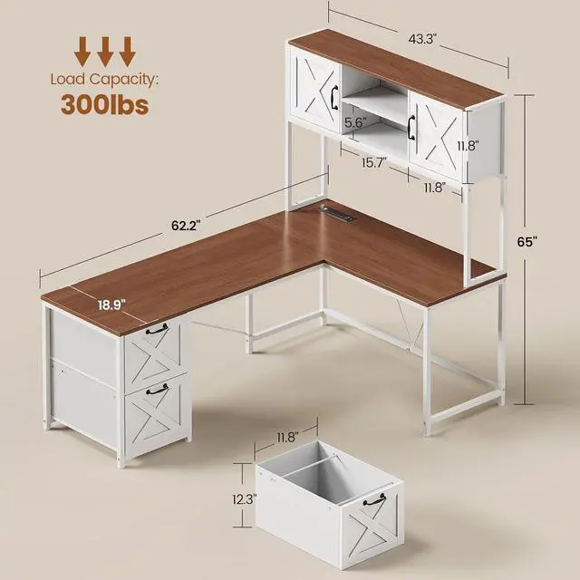 Alt view image 2 of 7 - Farmhouse L Shaped Desk with Hutch, Reversible 86.6" Computer Desk with Drawers and Power Outlet for Home Office/Two Person, Corner Desk with LED Light and Storage Shelves, White and Brown