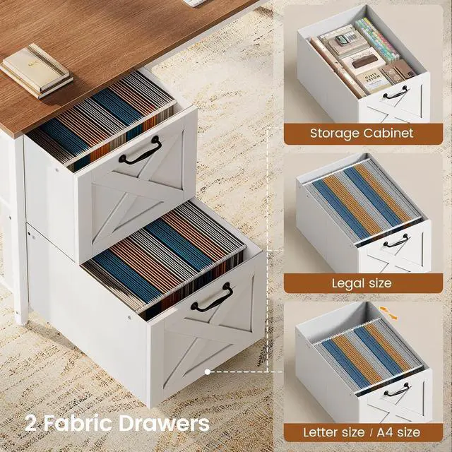 Alt view image 4 of 7 - Farmhouse L Shaped Desk with Hutch, Reversible 86.6" Computer Desk with Drawers and Power Outlet for Home Office/Two Person, Corner Desk with LED Light and Storage Shelves, White and Brown