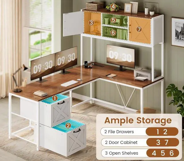 Alt view image 6 of 7 - Farmhouse L Shaped Desk with Hutch, Reversible 86.6" Computer Desk with Drawers and Power Outlet for Home Office/Two Person, Corner Desk with LED Light and Storage Shelves, White and Brown
