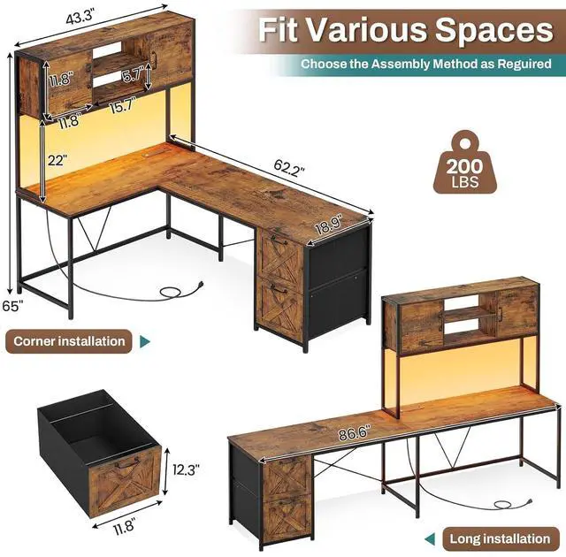 Alt view image 2 of 7 - L Shaped Desk with Drawers, 62.2" Home Office Desk with Fabric File Drawers and Power Outlet, L Shaped Desk with Hutch, Storage Shelves, LED Lights, Rustic Brown