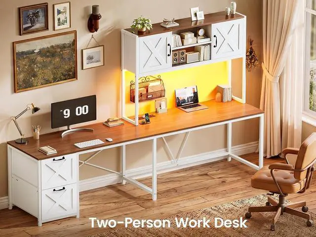 Alt view image 3 of 7 - Farmhouse L Shaped Desk with Hutch, Reversible 86.6" Computer Desk with Drawers and Power Outlet for Home Office/Two Person, Corner Desk with LED Light and Storage Shelves, White and Brown
