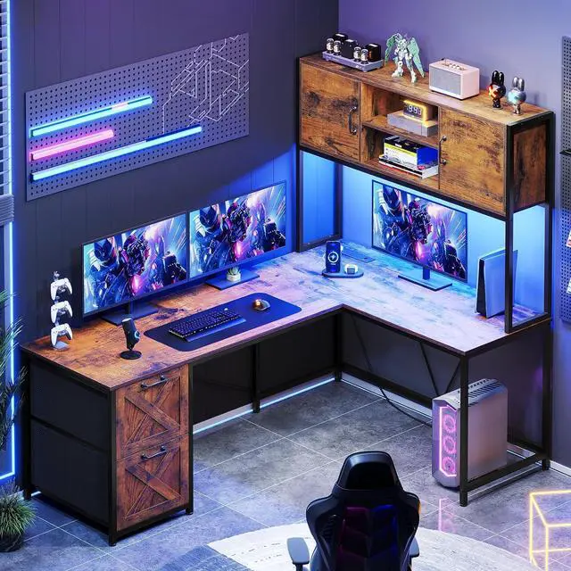 Main image of L Shaped Desk with Drawers, 62.2" Home Office Desk with Fabric File Drawers and Power Outlet, L Shaped Desk with Hutch, Storage Shelves, LED Lights, Rustic Brown