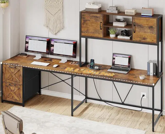 Alt view image 3 of 7 - L Shaped Desk with Drawers, 62.2" Home Office Desk with Fabric File Drawers and Power Outlet, L Shaped Desk with Hutch, Storage Shelves, LED Lights, Rustic Brown