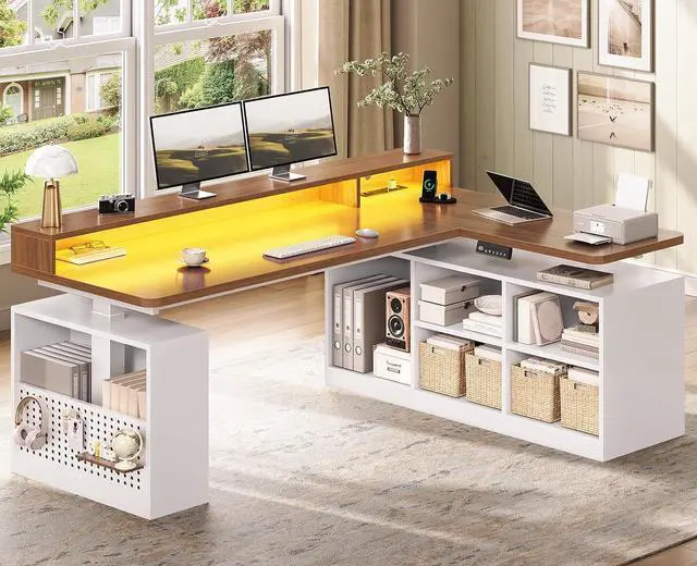 Main image of L Shaped Electric Standing Desk, 63 inch Gaming Computer Desk with Storage Shelves and LED Lights, Height Adjustable Office Desk with Power Outlet and Pegboard, Brown Desktop