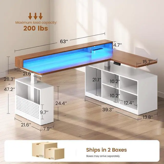 Alt view image 2 of 7 - L Shaped Electric Standing Desk, 63 inch Gaming Computer Desk with Storage Shelves and LED Lights, Height Adjustable Office Desk with Power Outlet and Pegboard, Brown Desktop
