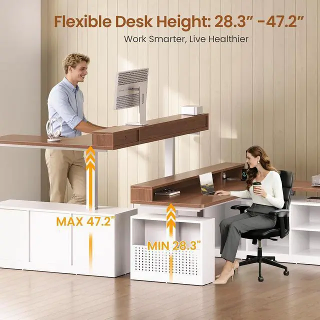 Alt view image 3 of 7 - L Shaped Electric Standing Desk, 63 inch Gaming Computer Desk with Storage Shelves and LED Lights, Height Adjustable Office Desk with Power Outlet and Pegboard, Brown Desktop