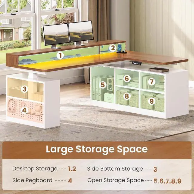 Alt view image 4 of 7 - L Shaped Electric Standing Desk, 63 inch Gaming Computer Desk with Storage Shelves and LED Lights, Height Adjustable Office Desk with Power Outlet and Pegboard, Brown Desktop