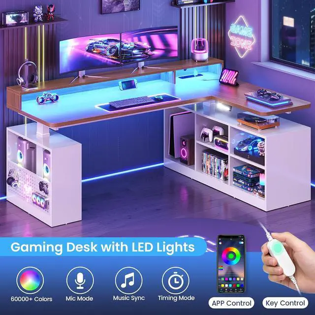 Alt view image 7 of 7 - L Shaped Electric Standing Desk, 63 inch Gaming Computer Desk with Storage Shelves and LED Lights, Height Adjustable Office Desk with Power Outlet and Pegboard, Brown Desktop