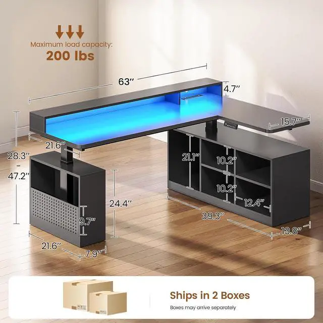 Alt view image 2 of 7 - L Shaped Gaming Standing Desk, 63 inch Height Adjustable Office Executive Desk with Storage Shelves and Monitor Stand, Computer Gaming Desk with Power Outlet, LED Lights for Home Office, Black