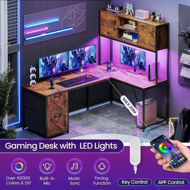 Alt view image 4 of 7 - L Shaped Desk with Drawers, 62.2" Home Office Desk with Fabric File Drawers and Power Outlet, L Shaped Desk with Hutch, Storage Shelves, LED Lights, Rustic Brown