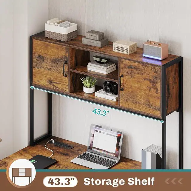 Alt view image 5 of 7 - L Shaped Desk with Drawers, 62.2" Home Office Desk with Fabric File Drawers and Power Outlet, L Shaped Desk with Hutch, Storage Shelves, LED Lights, Rustic Brown