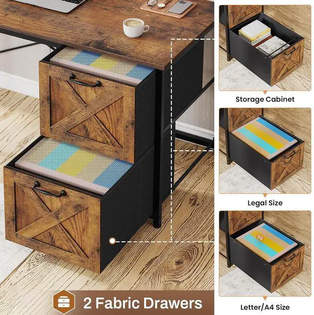 Alt view image 6 of 7 - L Shaped Desk with Drawers, 62.2" Home Office Desk with Fabric File Drawers and Power Outlet, L Shaped Desk with Hutch, Storage Shelves, LED Lights, Rustic Brown