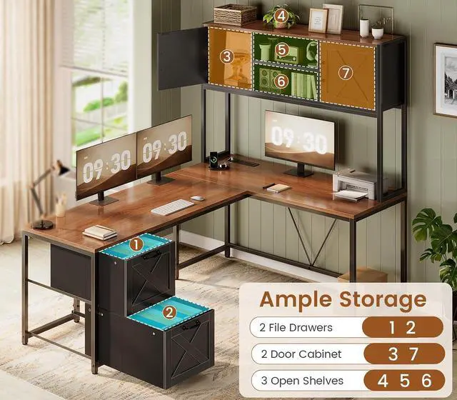 Alt view image 6 of 7 - L Shaped Gaming Desk, Reversible Computer Desk with Fabric Drawers and Power Outlet, Gaming Desk with Led Lights, Hutch and Storage Shelf for Home Office (Black and Brown)