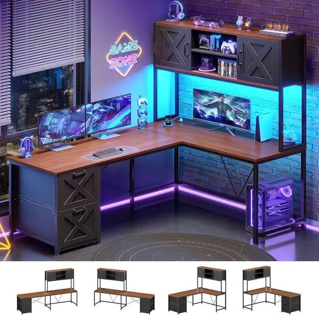 Main image of L Shaped Gaming Desk, Reversible Computer Desk with Fabric Drawers and Power Outlet, Gaming Desk with Led Lights, Hutch and Storage Shelf for Home Office (Black and Brown)
