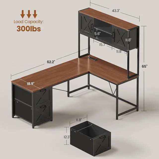Alt view image 2 of 7 - L Shaped Gaming Desk, Reversible Computer Desk with Fabric Drawers and Power Outlet, Gaming Desk with Led Lights, Hutch and Storage Shelf for Home Office (Black and Brown)