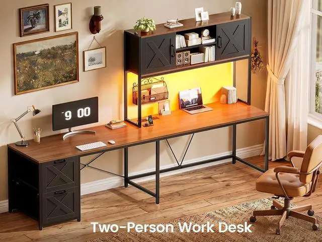 Alt view image 3 of 7 - L Shaped Gaming Desk, Reversible Computer Desk with Fabric Drawers and Power Outlet, Gaming Desk with Led Lights, Hutch and Storage Shelf for Home Office (Black and Brown)